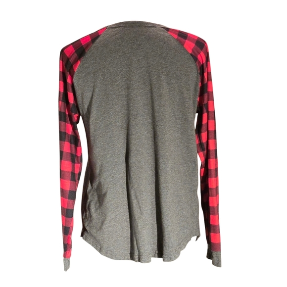 Buffalo Plaid Red & Black Sleeves Gray Shell Holiday Long Sleeve Tee Women M - Picture 3 of 10